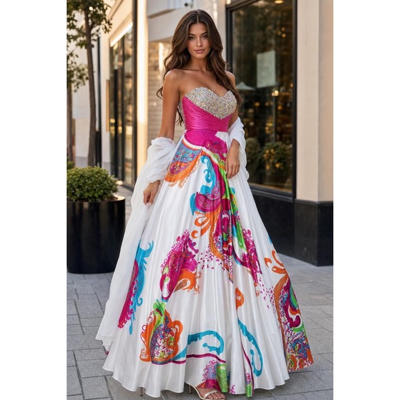 Jovani Dresses & Skirts - Jovani Maxi Dress Women's 2 White Pink Beaded Rhinestone Formal Prom Gown Y2K